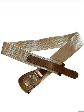 Leather Shop Ivory Canvas Cognac Leather Wide Stretch Belt Gold Buckle Large
